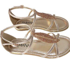 NEW 4 5 7Amiana Girls/Womens Beaded Low Heel Gold Leaf Low Heel Sandals